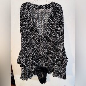 Black Floral V-Neck Tiered Ruffle Blouse